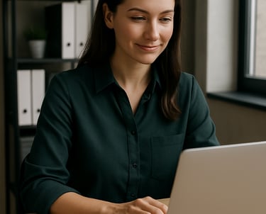 Mulher empresária em reunião de escritório utilizando notebook