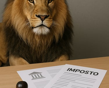 Leão posicionado atrás de documentos com carimbo IRPF, imposto de renda pessoa física