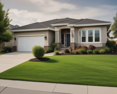 A backyard area with a tiled patio, surrounded by well-maintained greenery including a large palm tree and trimmed hedges. A tall wooden fence separates the yard from neighboring properties. The exterior of a modern building with large windows is visible on the right. The sky is clear and blue.