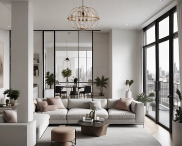 A luxurious multi-story residential building with a waterfront location, surrounded by palm trees and clear blue water. The architecture is elegant with arched windows and a light color palette.