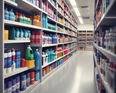 A person is smiling and holding two bottles of cleaning product in a store aisle. Behind them are various household items like detergents, hygiene products, and bath sponges displayed on shelves. The atmosphere appears cheerful and casual.