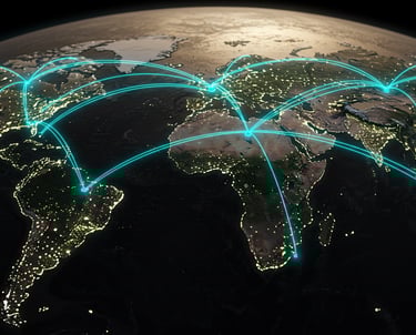 a globe map of a world map with a network of connected lines