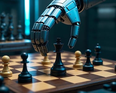 Robot hand playing chess, representing AI automation and strategic thinking