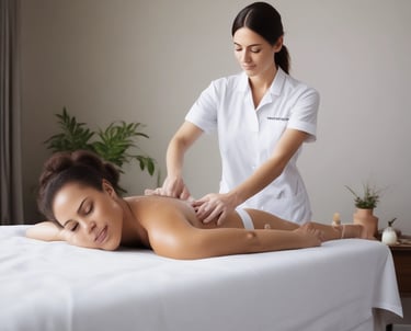 A serene and well-lit massage therapy room features a massage table adorned with scattered rose petals. The room has soft green walls with a floral accent wall in the back. A hanging white robe and a modern chair are present, along with a glass shower enclosure. The ceiling has recessed lighting, contributing to a calming atmosphere.