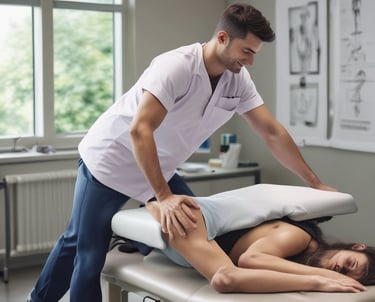 A small massage parlor with a bright red facade is located along a street. It features a prominent blue and white sign with the word 'MASSAGE' above the entrance. There is a large red vertical banner with the same word on the sidewalk. Several potted plants and decorations are placed near the door.