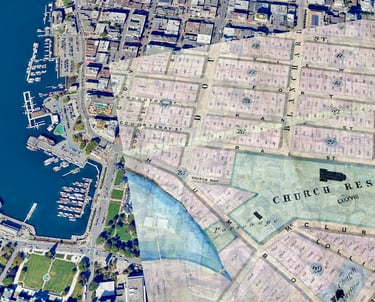 A satellite image of downtown Victoria, BC, overlayed with a historic, geo-referenced street map.