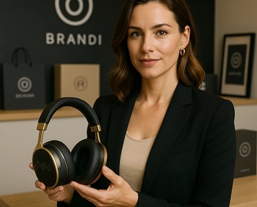 a woman in a black blazer jacket and headphones