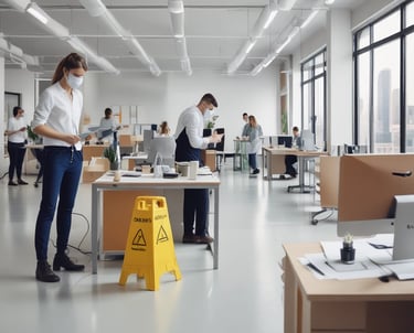 Two workers are suspended outside a large glass window, engaged in cleaning the exterior of a modern high-rise building. The workers are using ropes for support, wearing safety harnesses and gear. Inside, there is a row of empty chairs lined up against a bar-style table. The glass allows a view of other tall buildings with a slightly cloudy sky in the background.