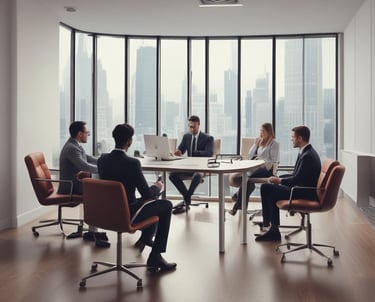 Three individuals engaged in cleaning large glass doors. One person is using a broom or mop to scrub the glass, another is spraying water, and the third person is wearing a hard hat and a safety vest. There are construction materials in the foreground.