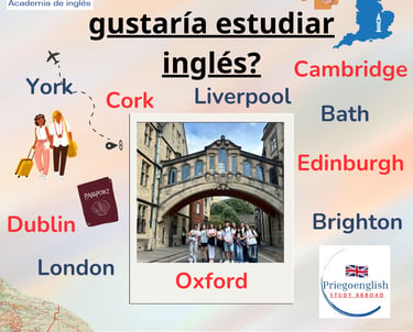 Anuncio de programas de estudios de inglés en el extranjero en ciudades como Oxford, Londres y otras