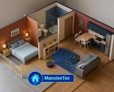 Robot Aspirador y Trapeador con tecnología inteligente escaneando una sala domotica MansionTec