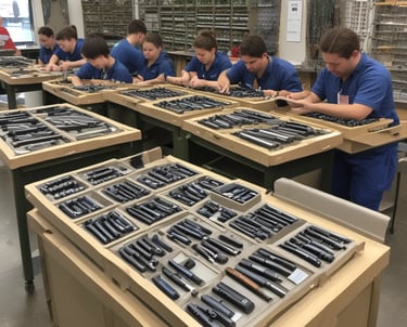 Warehouse team carefully assembling kits with packaged products ready for shipment.