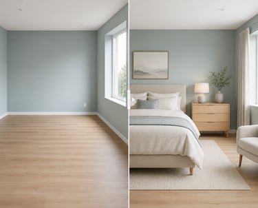Before and after comparison of a modern bedroom staged with neutral furniture and blue walls.
