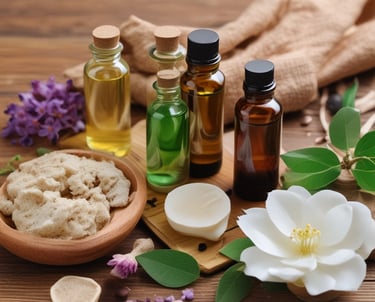a wooden table topped with bottles of essential oils