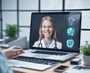 A mobile health services vehicle is parked on a street. The vehicle is beige with blue and orange accents, featuring text and logos, including 'Jockey Club Charles Kao Brain Health Services.' An illustrated portrait of a person in blue is displayed on the side. Trees and a building can be seen in the background, with metal barriers in front of the vehicle.