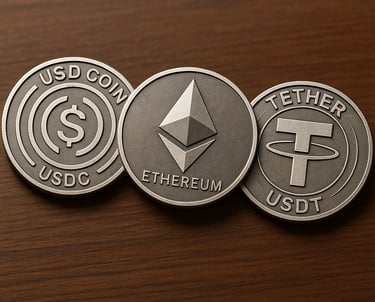 a group of coins and coins with the words ether coin