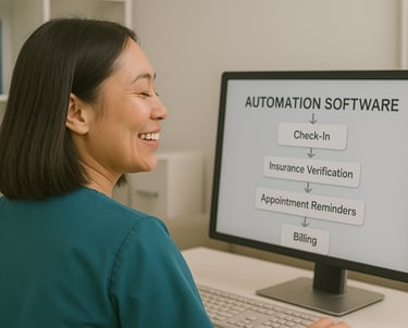 Medical receptionist in scrubs relieved as workflow automation organizes tasks.