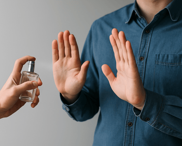 Person in a denim shirt holding up hands to refuse a perfume spray being offered.