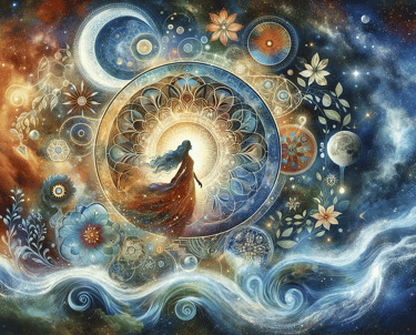 a woman in a long dress standing in front of a colorful painting