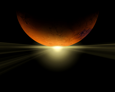 a red planet with a bright light shining through the lens