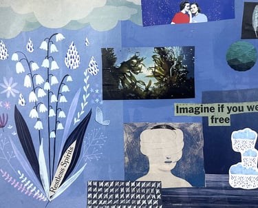 Blue collage art with melancholy imagery of water, swimming, and tears indicating feeling trapped.