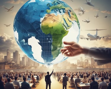 A diverse team of professionals collaborating over shipping documents and laptops in a modern office.