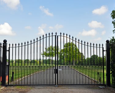 A beautifull set of double swing gates finished in power coated black.Curved gates topped with spiks