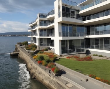 An old, weathered building with green doors and windows, featuring a textured yellow and faded green facade. The roof is made of terracotta tiles, and the building has a 'For Sale' sign with contact information written in Spanish and English. Two cars, a dark blue one and a white one, are parked in front. The building seems situated in a bright, sunny area.