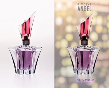 Product photography, perfume bottle, integrated in a social media ad