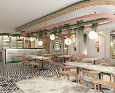 "Modern restaurant interior with marble tables, geometric patterned flooring, and circular hanging l