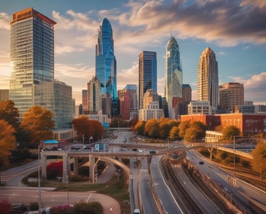 A scenic view of Charlotte skyline with service vehicles ready to assist nearby neighborhoods.
