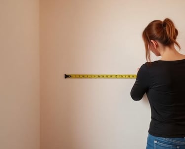 Woman using a yellow measuring tape on a wall for home improvement and interior DIY projects.