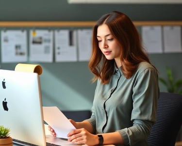 Professional woman reviewing documents at a modern office desk with a laptop and notebooks.