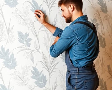 Professional Wallpaper Installer installing patterned wallpaper on a wall during a home renovation.