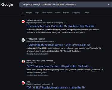 Towing SEO Google Ranking Results