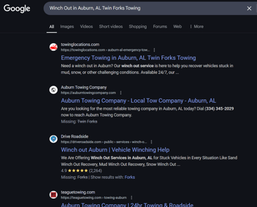 Towing SEO Google Ranking Results