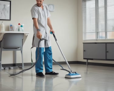 A person in a cleaning uniform is pushing a floor cleaning machine in front of a large wall made of blue-tinted glass blocks. The shadowed silhouette of another person is visible in the foreground, captured mid-step, creating a dynamic sense of motion.