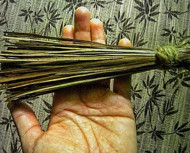 Natural coconut leaf tassel on the hand