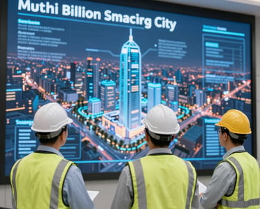 A team reviewing detailed infrastructure project plans and feasibility reports in a modern office.