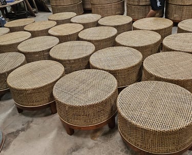 A round rattan table that is both rustic and elegant.