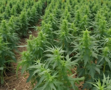 Two boxes of Pharma Hemp Complex natural hemp oil are placed on a surface surrounded by green leafy plants and moss. One box has a blue and white design, while the other features a gold and white design.