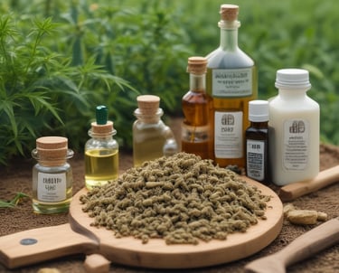 A person holds a small brown bottle labeled as 'Hemp Extract' with a dropper lid on an open palm. The background is softly blurred, suggesting an outdoor, nature setting.