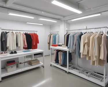 Two mannequins in a store window display are dressed in light, casual clothing. One wears a long white cardigan over a beige knitted top and light trousers, complemented by a tan shoulder bag. The other mannequin is dressed in a green floral blouse with buttons and wide brown trousers. The display reflects urban street scenery in the glass, adding layers to the image.