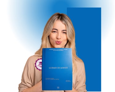 Imagine cu o fata tinand in mana o lucrare de licenta copertata pe fundal albastru purtand in piept sigla Zece Plus