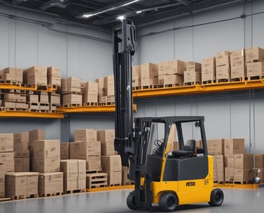 An industrial warehouse filled with various stacks and arrangements of metal beams, shelving units, and construction materials. A white truck is parked among the clutter. The scene includes colorful pallets and containers lining the walls, and the floor is mostly concrete.