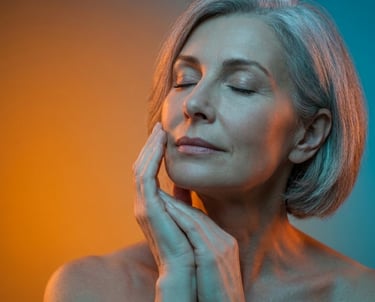Mature woman with glowing skin touching her face, demonstrating anti-aging skincare for healthy aging.