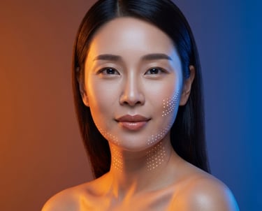Asian woman showing skin rejuvenation results with glowing facial light therapy dots.