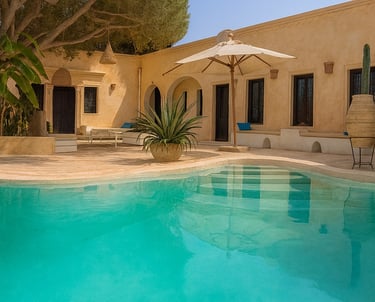 Patio piscine offrant détente après une journée de découverte de l'île.