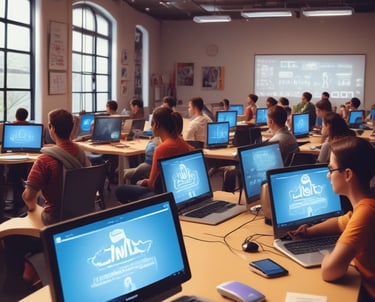 A modern classroom setting with students engaged in coding.