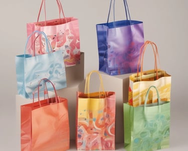 A variety of custom bags displayed for different businesses.